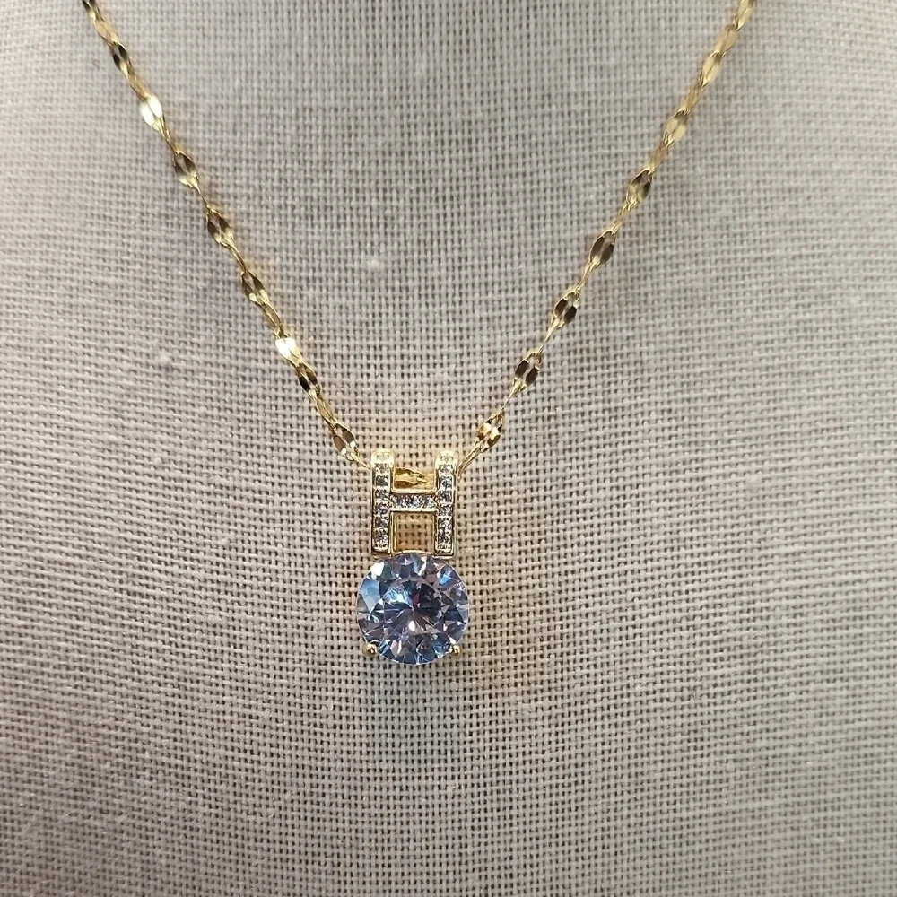 18k Gold Plated Stainless Steel Chain and H Pendant, Simulated Clear Diamonds